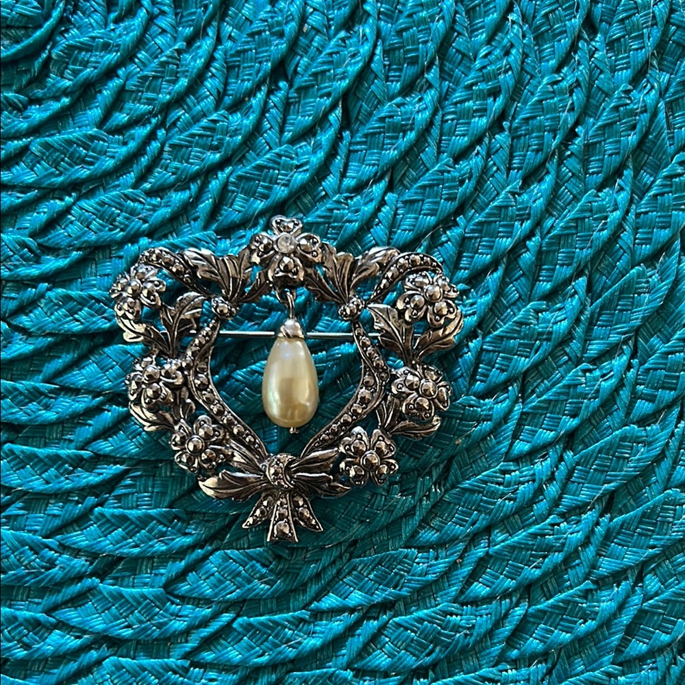 Vintage 90s Stamped Silver Floral Brooch with Pearl Accent